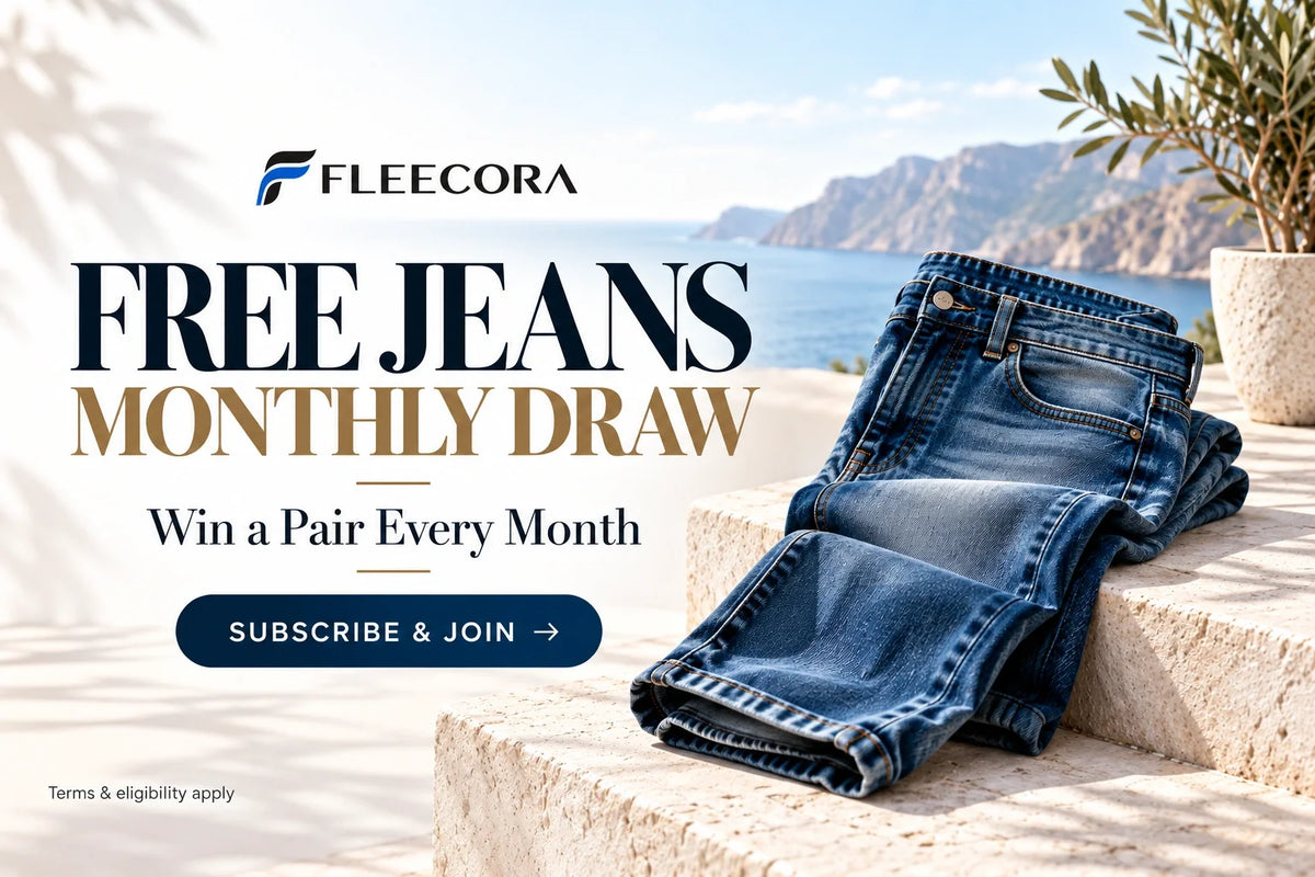 Fleecora Free Jeans Monthly Draw featuring blue denim jeans by the Mediterranean coast, with a subscribe and join call to action.