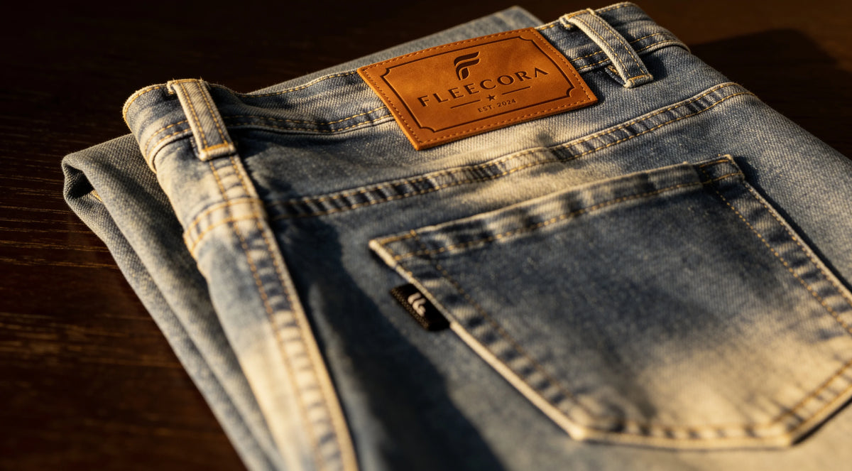 Close-up of Fleecora medium-blue denim jeans featuring a debossed tan leather brand patch and black woven label, representing investment-grade quality