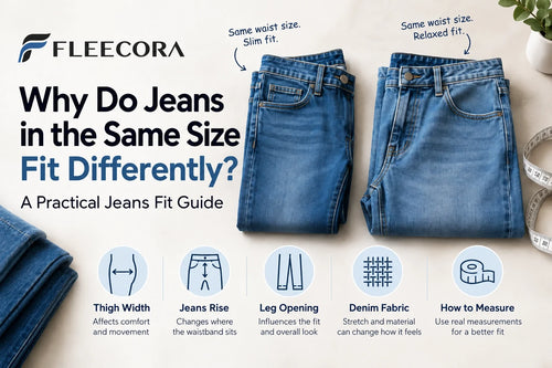 Fleecora jeans fit guide comparing slim and relaxed jeans and explaining thigh width, rise, leg opening, fabric and measurements.