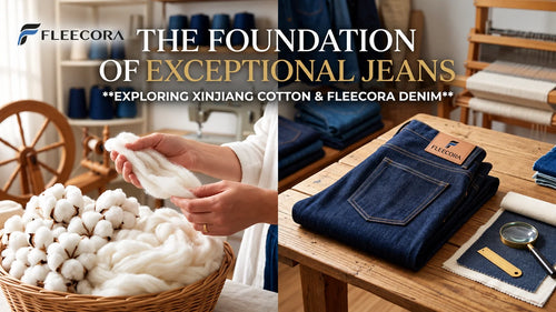 Fleecora premium denim jeans displayed beside raw cotton in a textile workshop, highlighting Xinjiang cotton, denim craftsmanship, and quality materials.