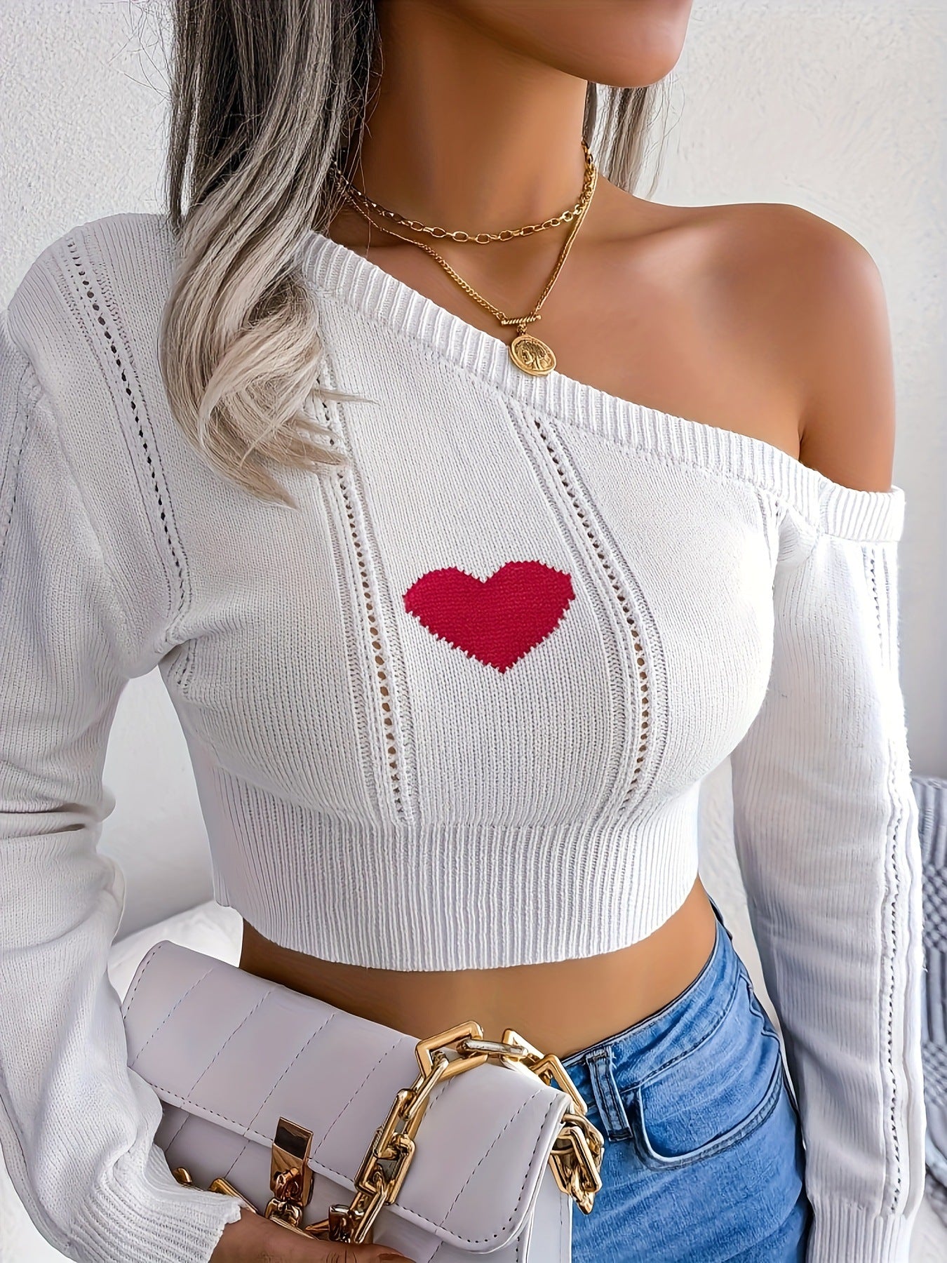 Bare Shoulders Knitted Sweater Women Long Sleeve Short Pullover Clothes