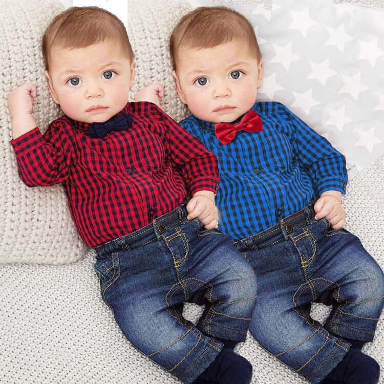 Baby Boy Gentleman Plaid One-Piece Suit Jeans Outfit for Kids