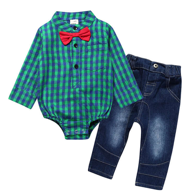 Baby Boy Gentleman Plaid One-Piece Suit Jeans Outfit for Kids
