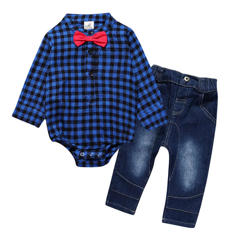 Baby Boy Gentleman Plaid One-Piece Suit Jeans Outfit for Kids