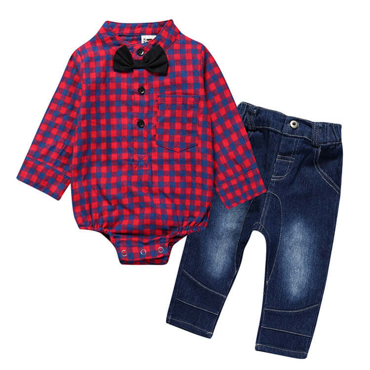Baby Boy Gentleman Plaid One-Piece Suit Jeans Outfit for Kids