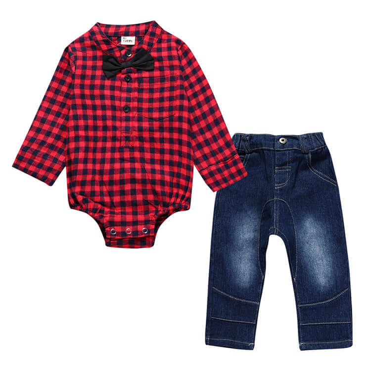 Baby Boy Gentleman Plaid One-Piece Suit Jeans Outfit for Kids