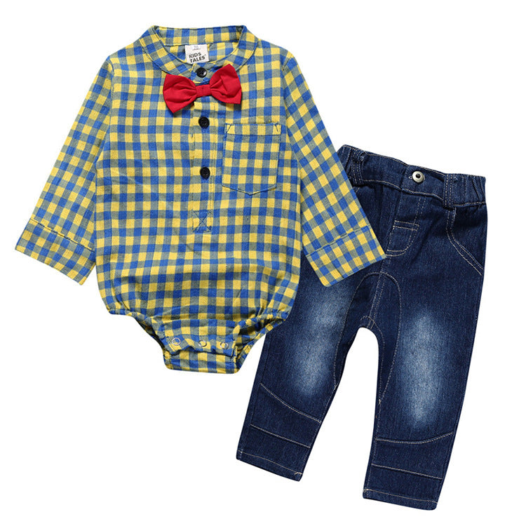 Baby Boy Gentleman Plaid One-Piece Suit Jeans Outfit for Kids