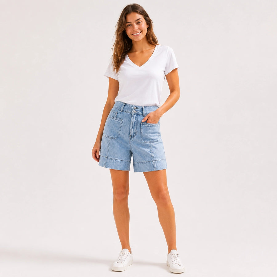 Women Light Wash Utility Denim Shorts - 402