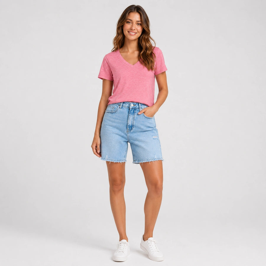 Women Light Wash Ripped Bermuda Denim Shorts - 404