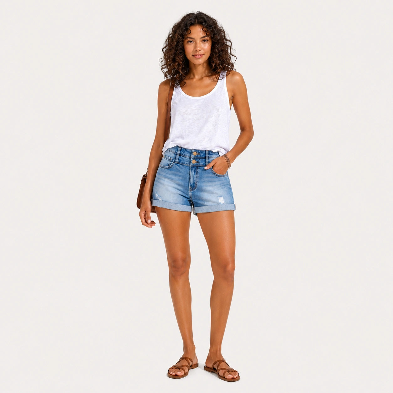 Women's High-Waisted Denim Shorts – Cuffed Light-Wash Stretch Jean Shorts - 401