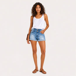 Women's High-Waisted Denim Shorts – Cuffed Light-Wash Stretch Jean Shorts - 401