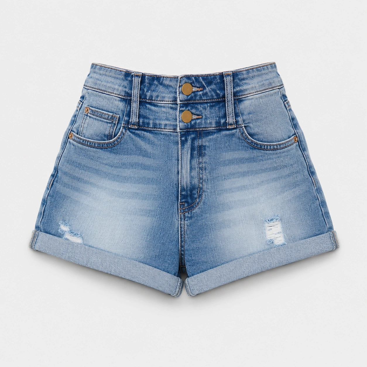 Women's High-Waisted Denim Shorts – Cuffed Light-Wash Stretch Jean Shorts - 401
