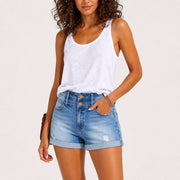 Women's High-Waisted Denim Shorts – Cuffed Light-Wash Stretch Jean Shorts - 401