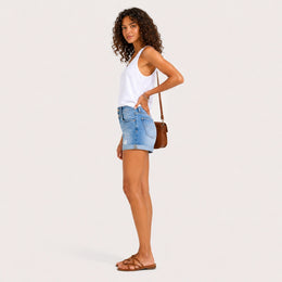 Women's High-Waisted Denim Shorts – Cuffed Light-Wash Stretch Jean Shorts - 401