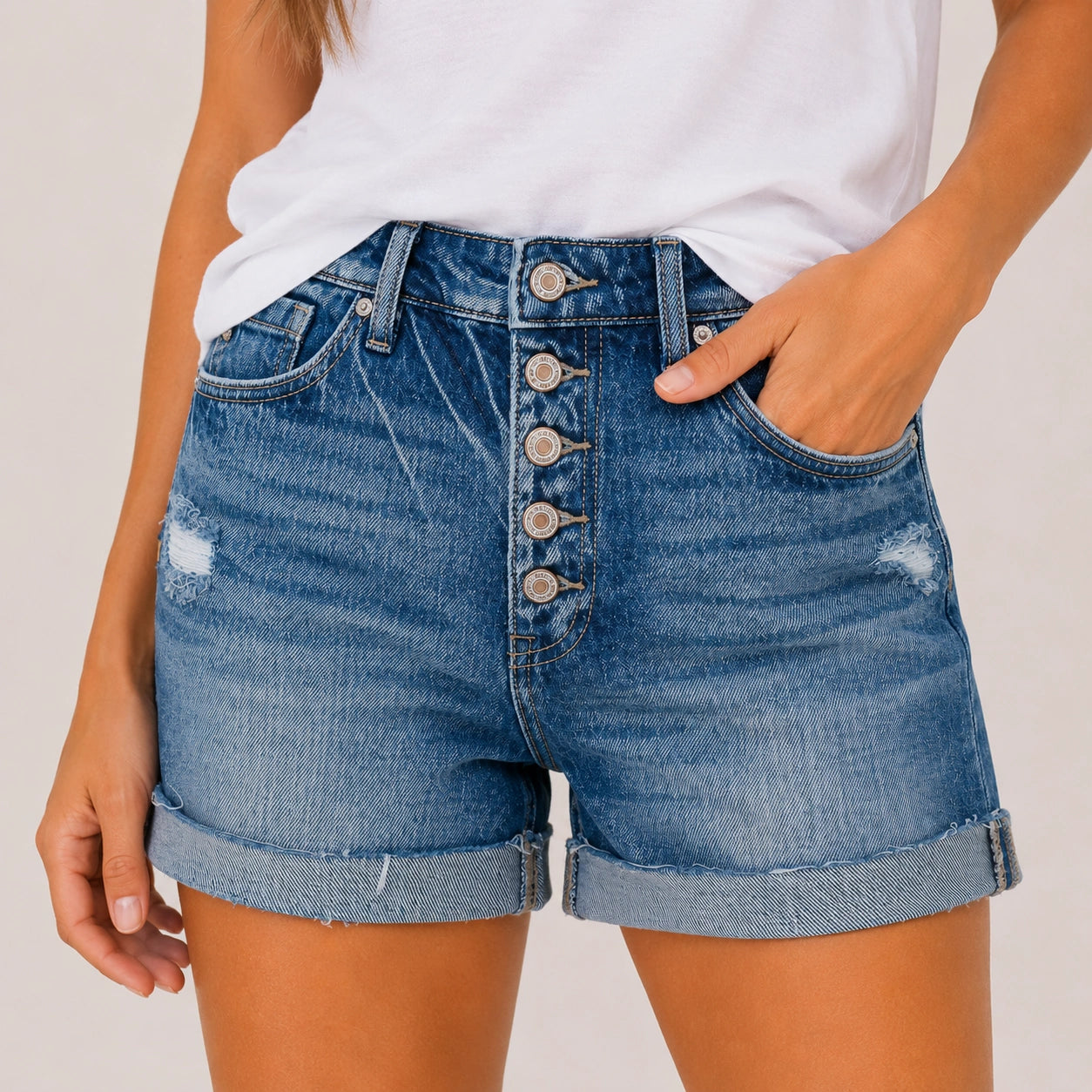 WOMEN HIGH WAISTED STRETCH DENIM SHORTS - 403
