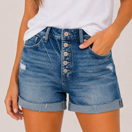 WOMEN HIGH WAISTED STRETCH DENIM SHORTS - 403