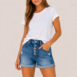 WOMEN HIGH WAISTED STRETCH DENIM SHORTS - 403