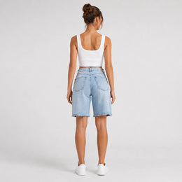 Women Light Wash Ripped Bermuda Denim Shorts - 404