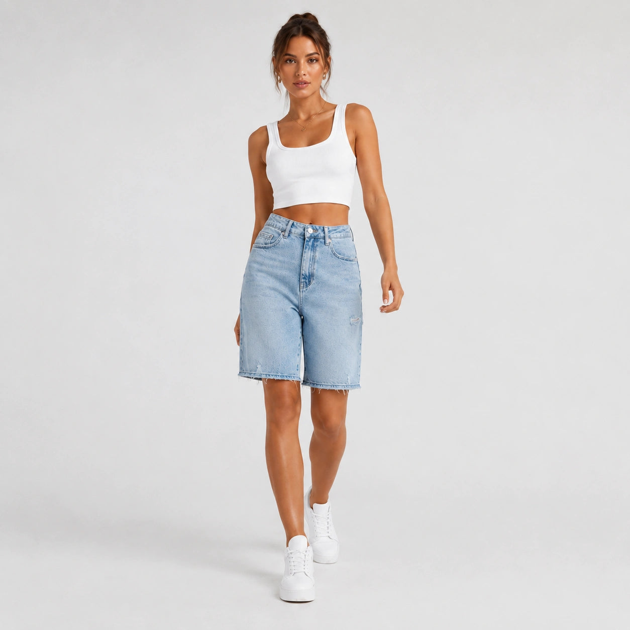 Women Light Wash Ripped Bermuda Denim Shorts - 404