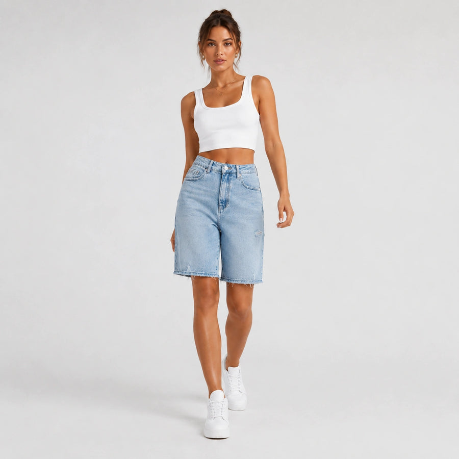 Women Light Wash Ripped Bermuda Denim Shorts - 404