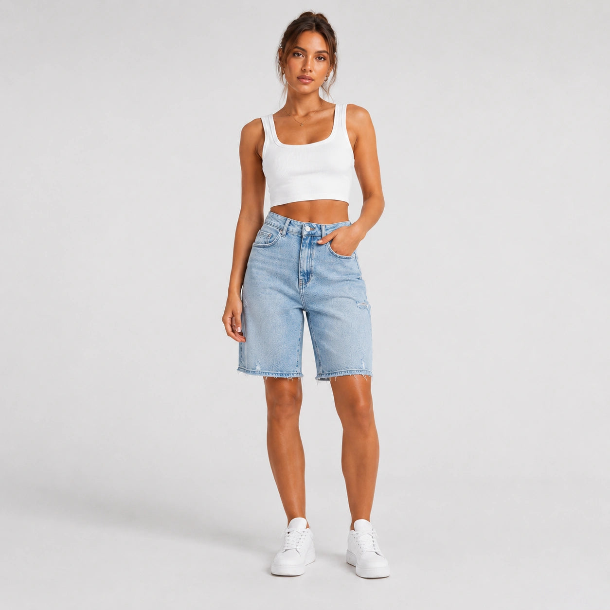 Women Light Wash Ripped Bermuda Denim Shorts - 404
