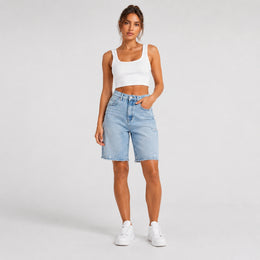 Women Light Wash Ripped Bermuda Denim Shorts - 404