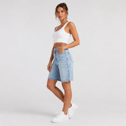 Women Light Wash Ripped Bermuda Denim Shorts - 404