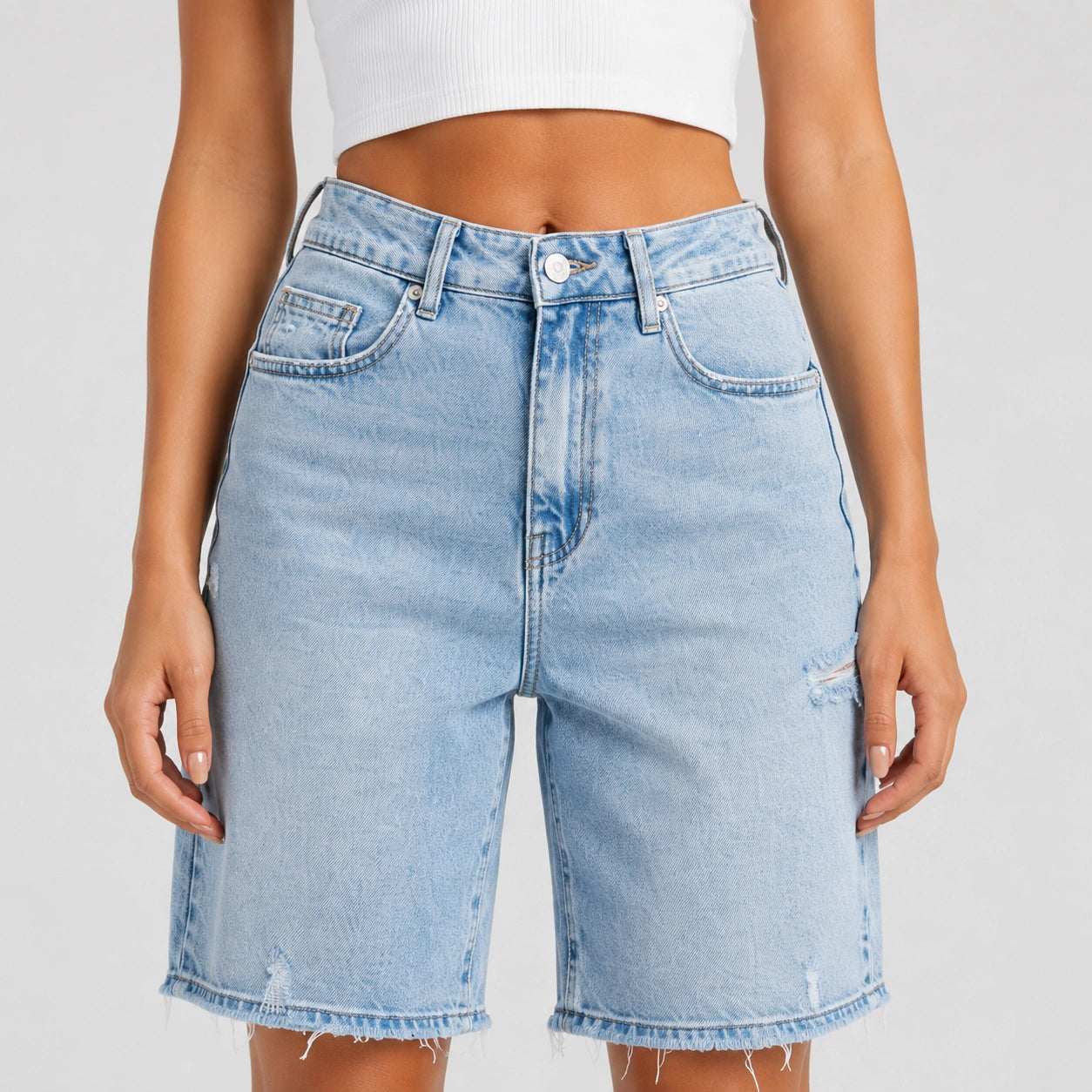 Women Light Wash Ripped Bermuda Denim Shorts - 404