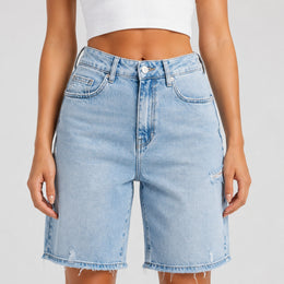 Women Light Wash Ripped Bermuda Denim Shorts - 404