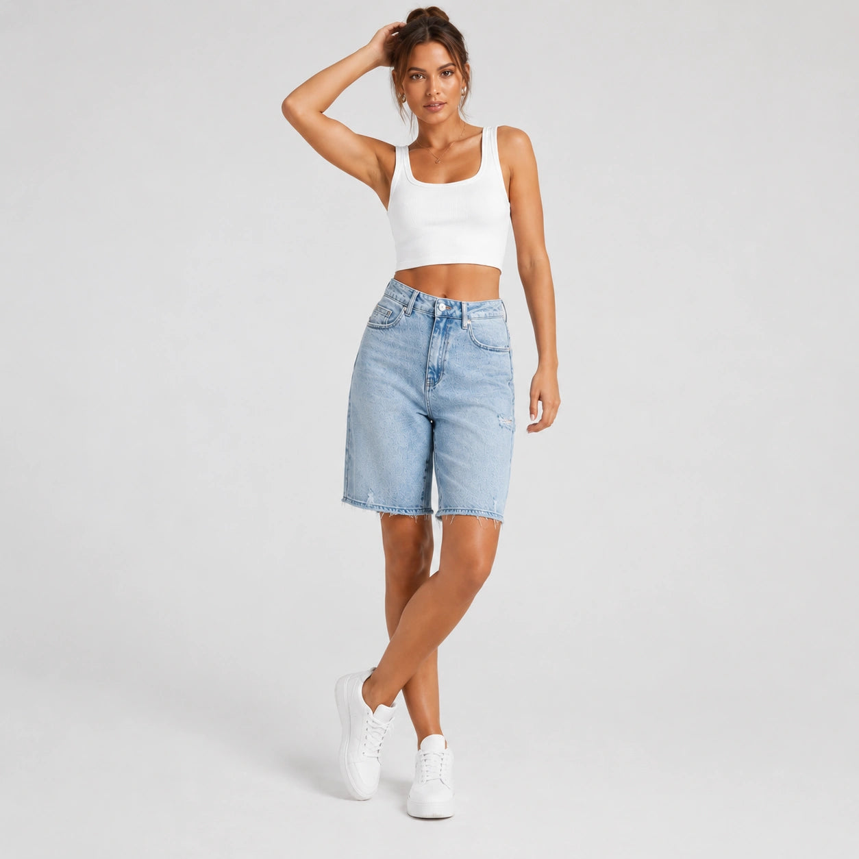 Women Light Wash Ripped Bermuda Denim Shorts - 404