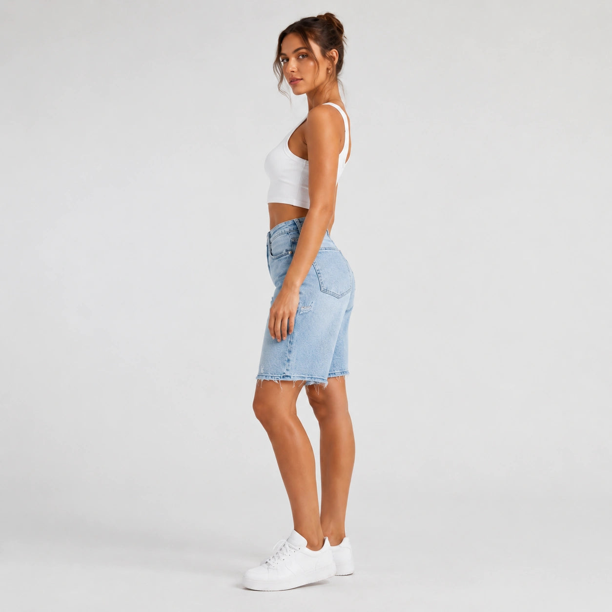 Women Light Wash Ripped Bermuda Denim Shorts - 404