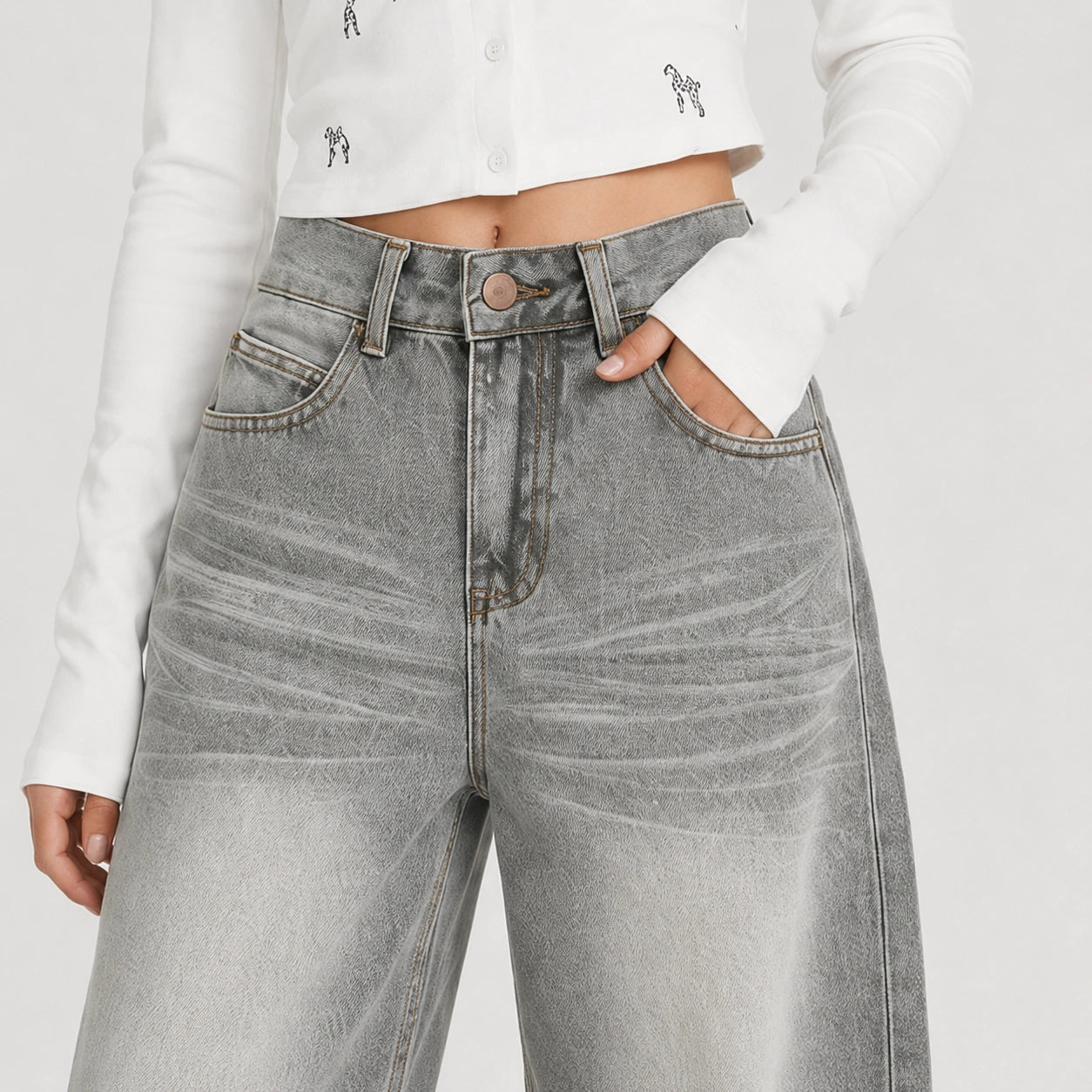 Women's Washed Grey High-Waist Wide-Leg Jeans - 602
