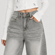 Women's Washed Grey High-Waist Wide-Leg Jeans - 602
