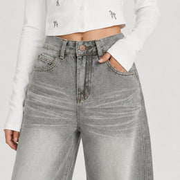 Women's Washed Grey High-Waist Wide-Leg Jeans - 602