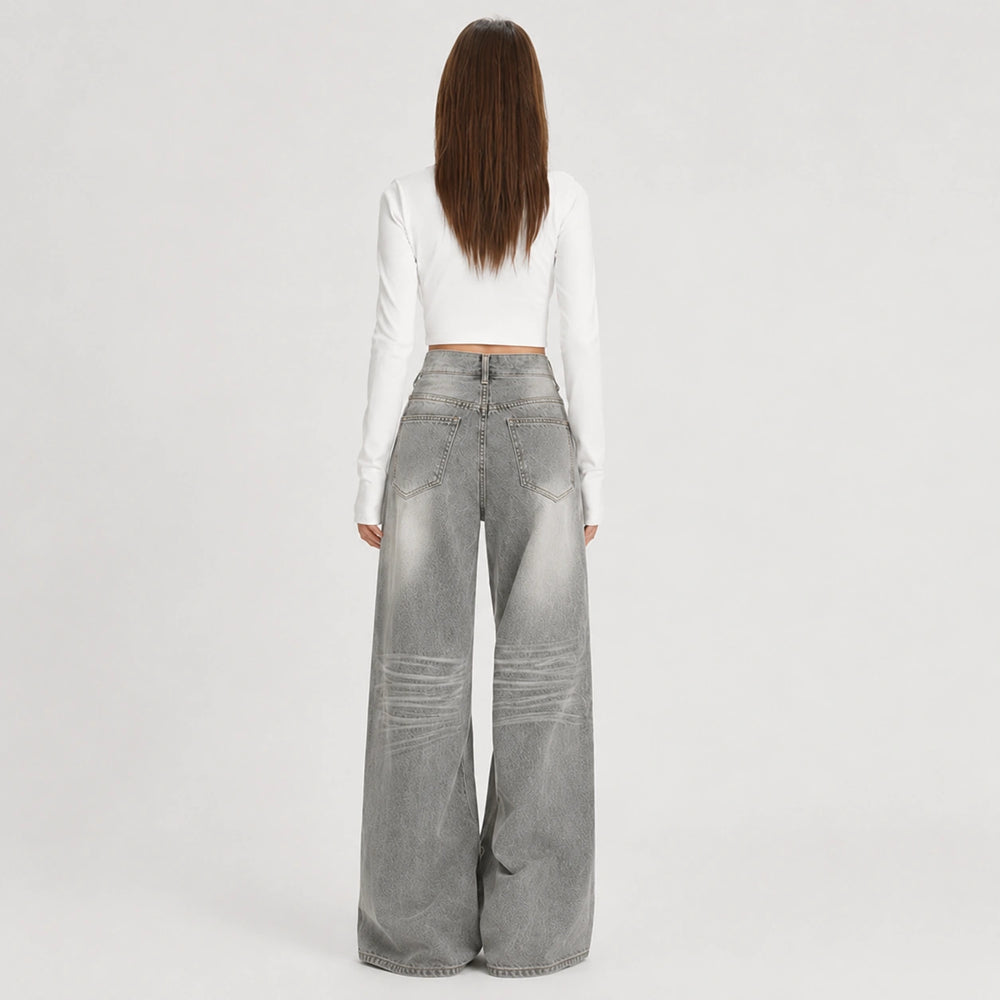 Women's Washed Grey High-Waist Wide-Leg Jeans - 602