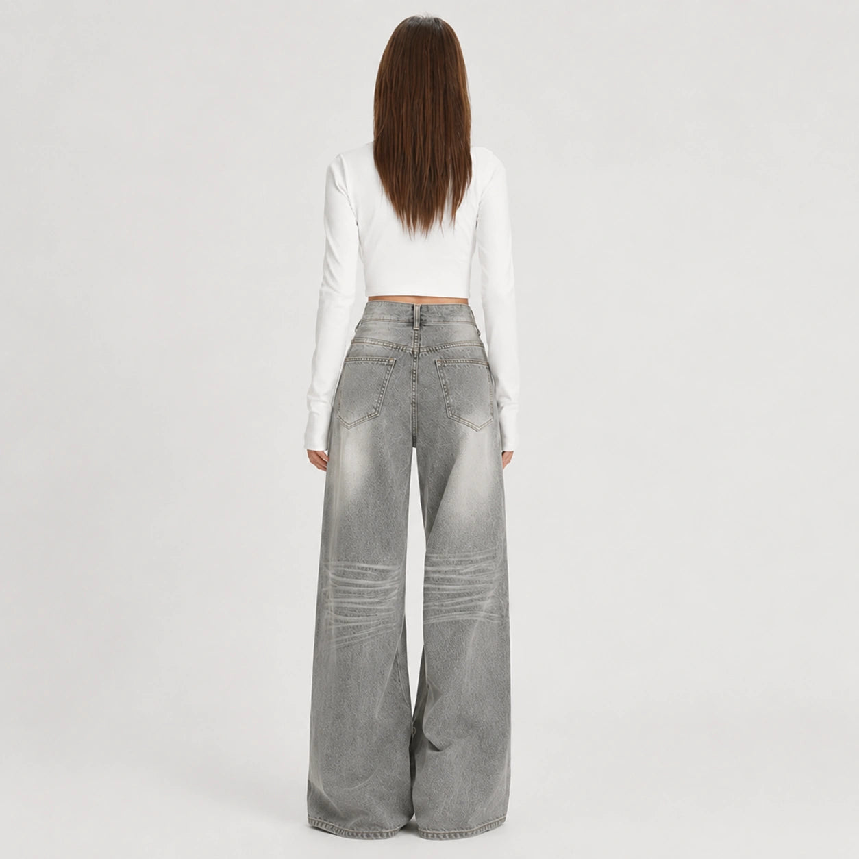 Women's Washed Grey High-Waist Wide-Leg Jeans - 602