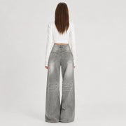 Women's Washed Grey High-Waist Wide-Leg Jeans - 602