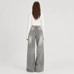 Women's Washed Grey High-Waist Wide-Leg Jeans - 602