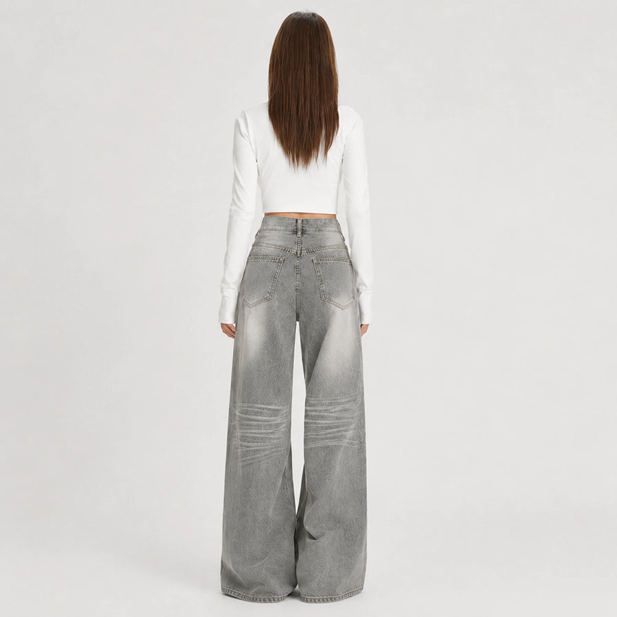 Women's Washed Grey High-Waist Wide-Leg Jeans - 602