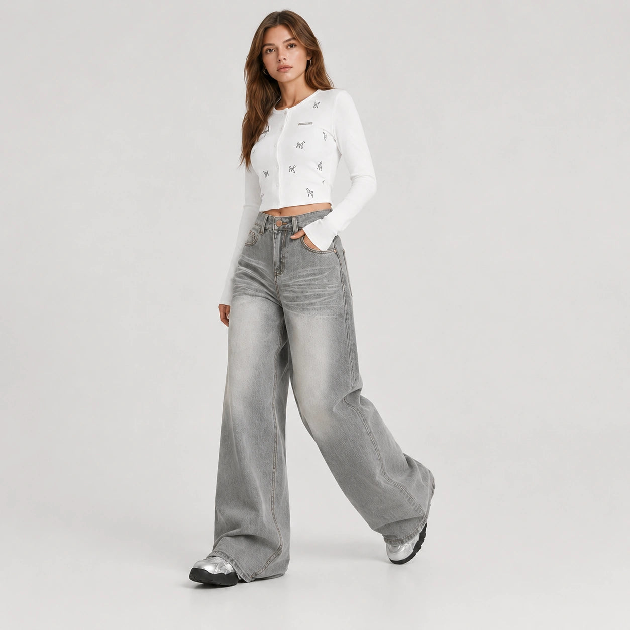 Women's Washed Grey High-Waist Wide-Leg Jeans - 602
