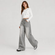 Women's Washed Grey High-Waist Wide-Leg Jeans - 602