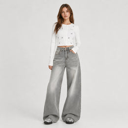 Women's Washed Grey High-Waist Wide-Leg Jeans - 602