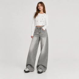 Women's Washed Grey High-Waist Wide-Leg Jeans - 602