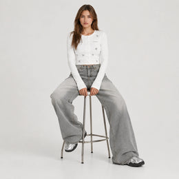 Women's Washed Grey High-Waist Wide-Leg Jeans - 602