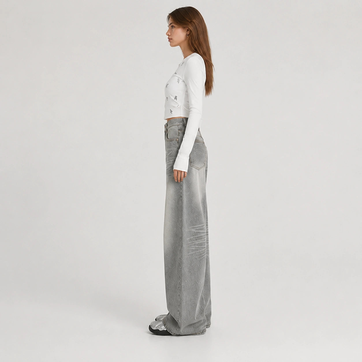 Women's Washed Grey High-Waist Wide-Leg Jeans - 602