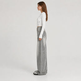 Women's Washed Grey High-Waist Wide-Leg Jeans - 602