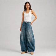 Women's Baggy Barrel-Leg Jeans – Vintage Washed Wide-Leg Denim