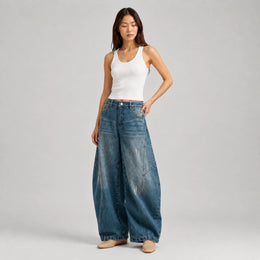 Women's Baggy Barrel-Leg Jeans – Vintage Washed Wide-Leg Denim