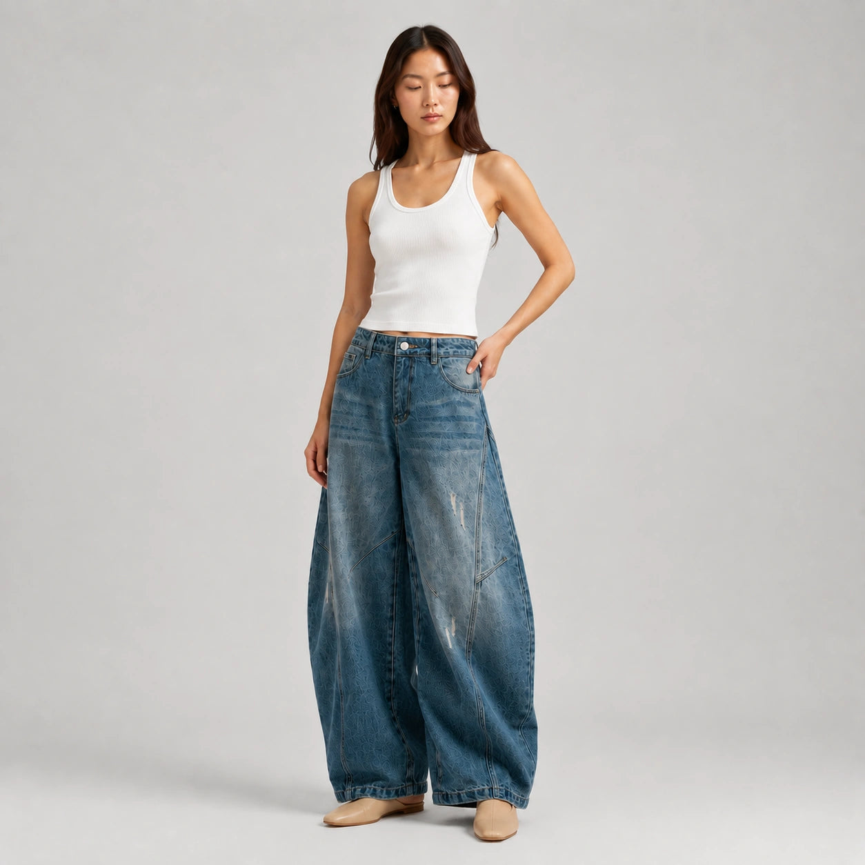 Women's Baggy Barrel-Leg Jeans – Vintage Washed Wide-Leg Denim
