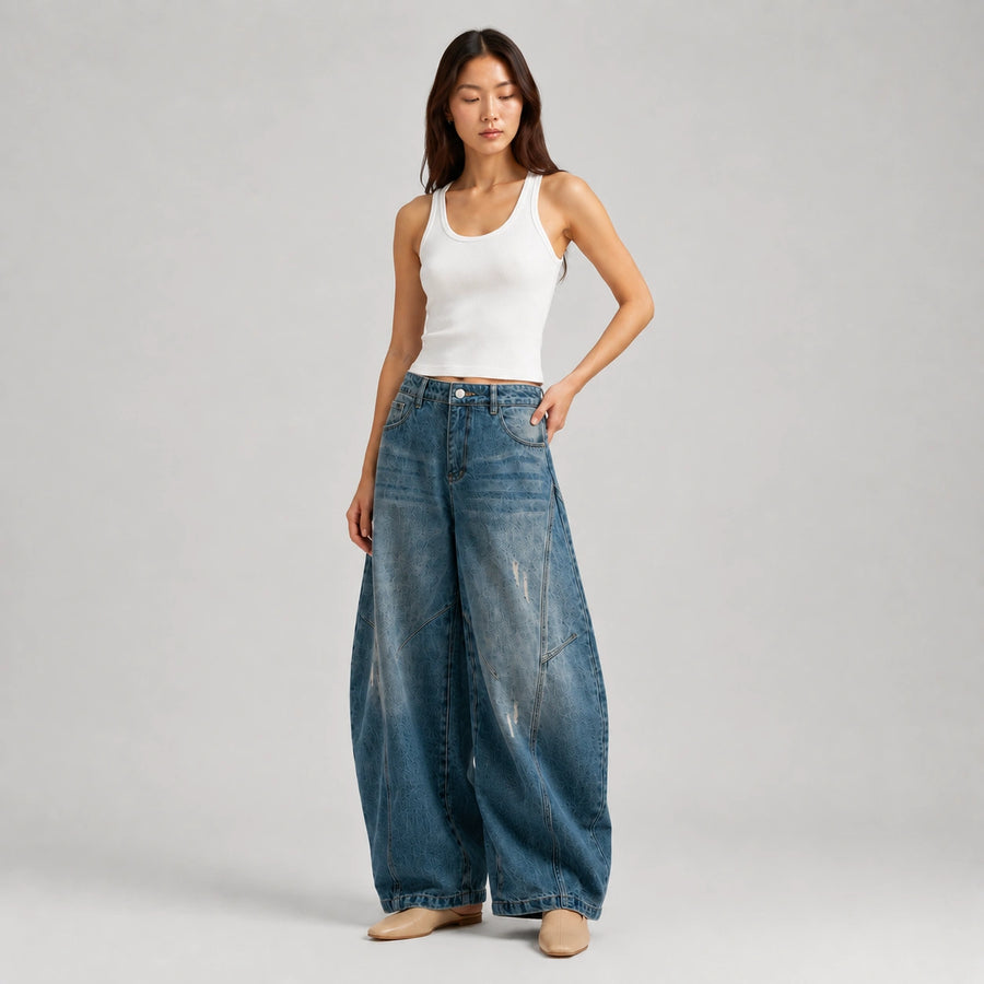 Women's Baggy Barrel-Leg Jeans – Vintage Washed Wide-Leg Denim - 611